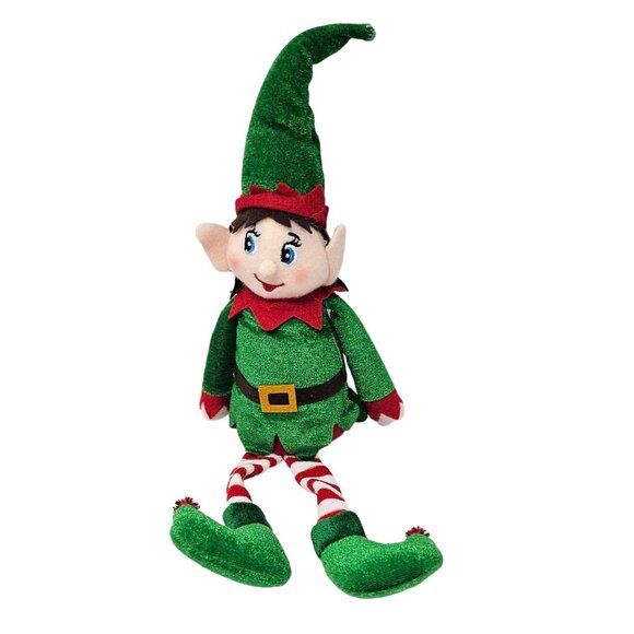 Plush Christmas Red and Green Elf Set, Striped Leggings, Adjustable Elf Hat - Picture 5 of 6